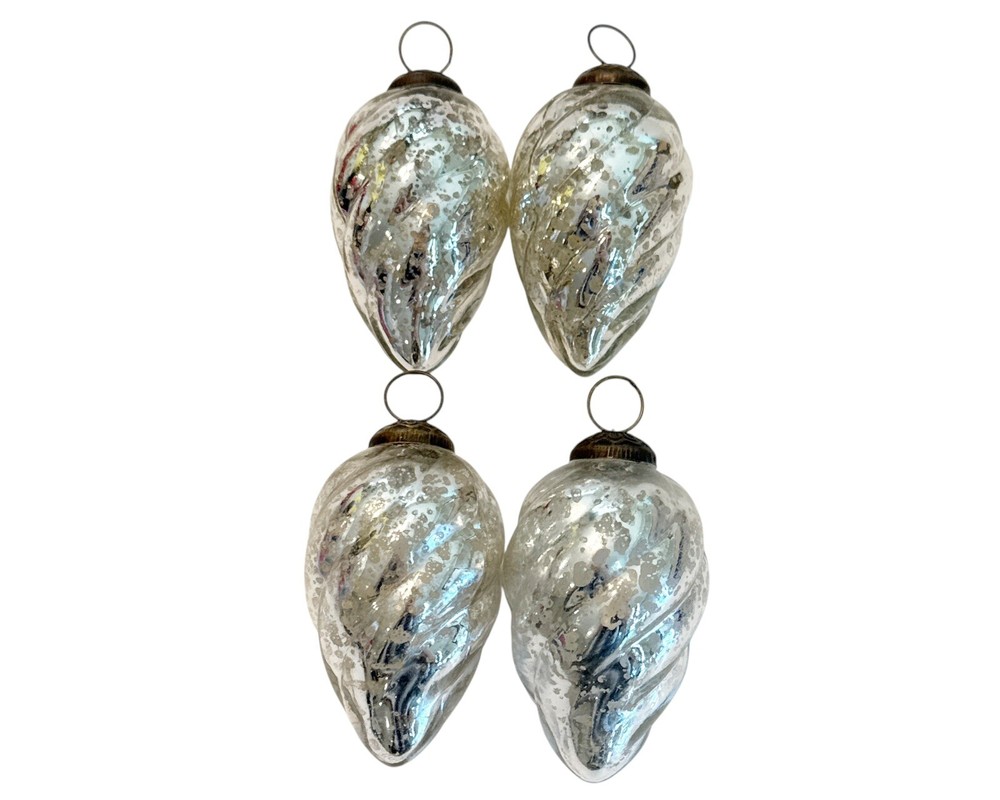 Lot of 4 Silver Mercury Kugel Style Glass Swirl Pinecone Christmas Ornaments 4