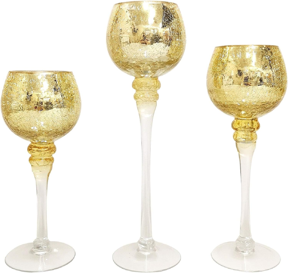 Hosley 3-Piece Crackle Gold Glass Tealight Holders Set in 9, 10, 12 Inch Sizes