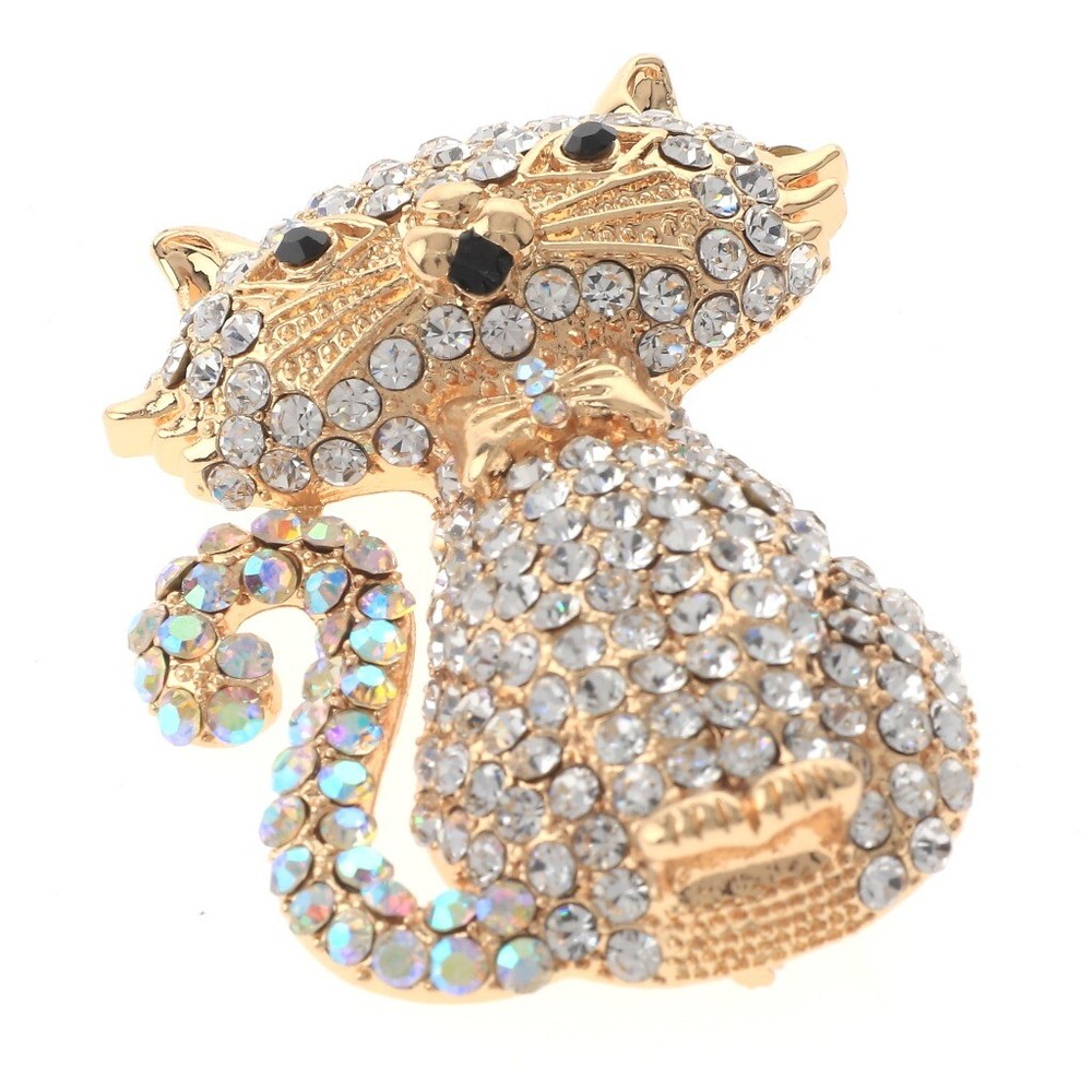 Gold Tone Metal Cat Rhinestone Brooch P1239-GCL