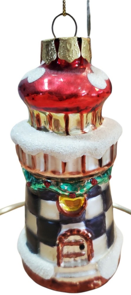 Kurt S Adler Glass Lighthouse Christmas Holday Ornament Check Pattern Red Roof