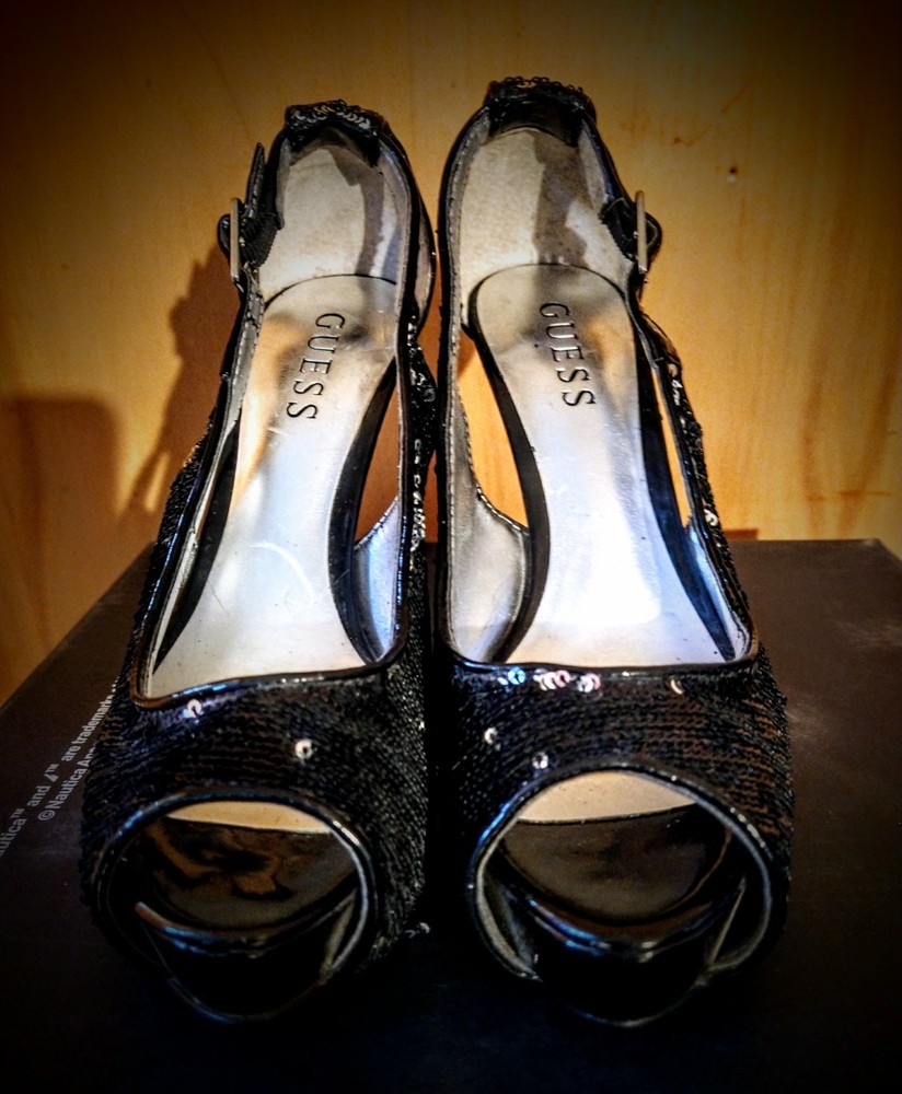 Vintage Guess Black Sequined Peep-Toe Platform Pumps