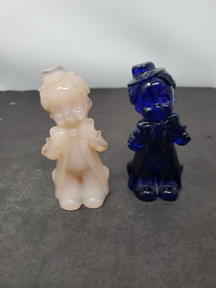 Vintage Boyd Art Glass Chuckles The Clown Figurines - Cobalt Blue & Rosie Pink Pair
