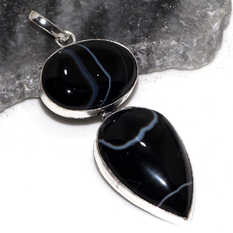 925 Silver Plated Banded Black Onyx Jewellery Pendant Handmade Size 2.5