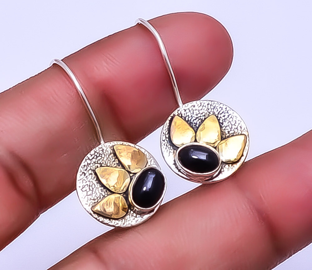 Black Onyx - Brazil 925 Sterling Silver Two Tone Earring 1.25