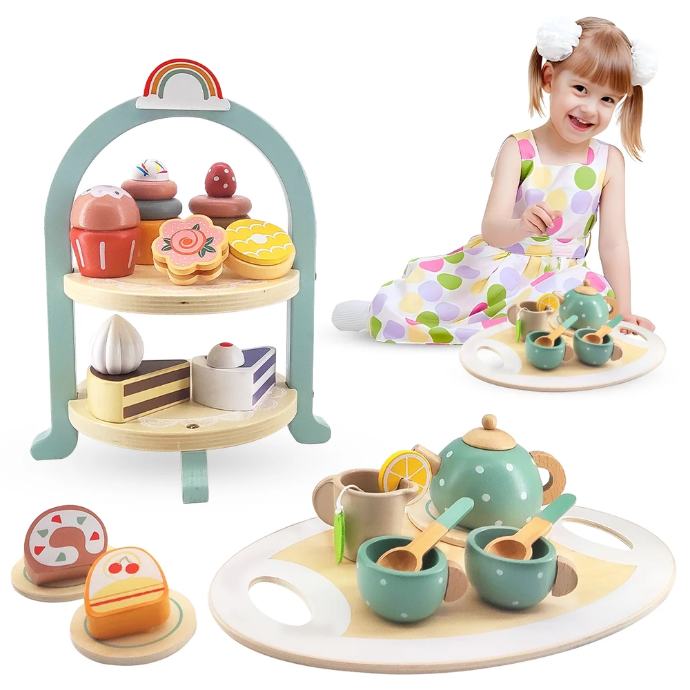 Tea Party Set for Little Girls, Wooden Tea Set with Cake Stand, Food Pretend ...