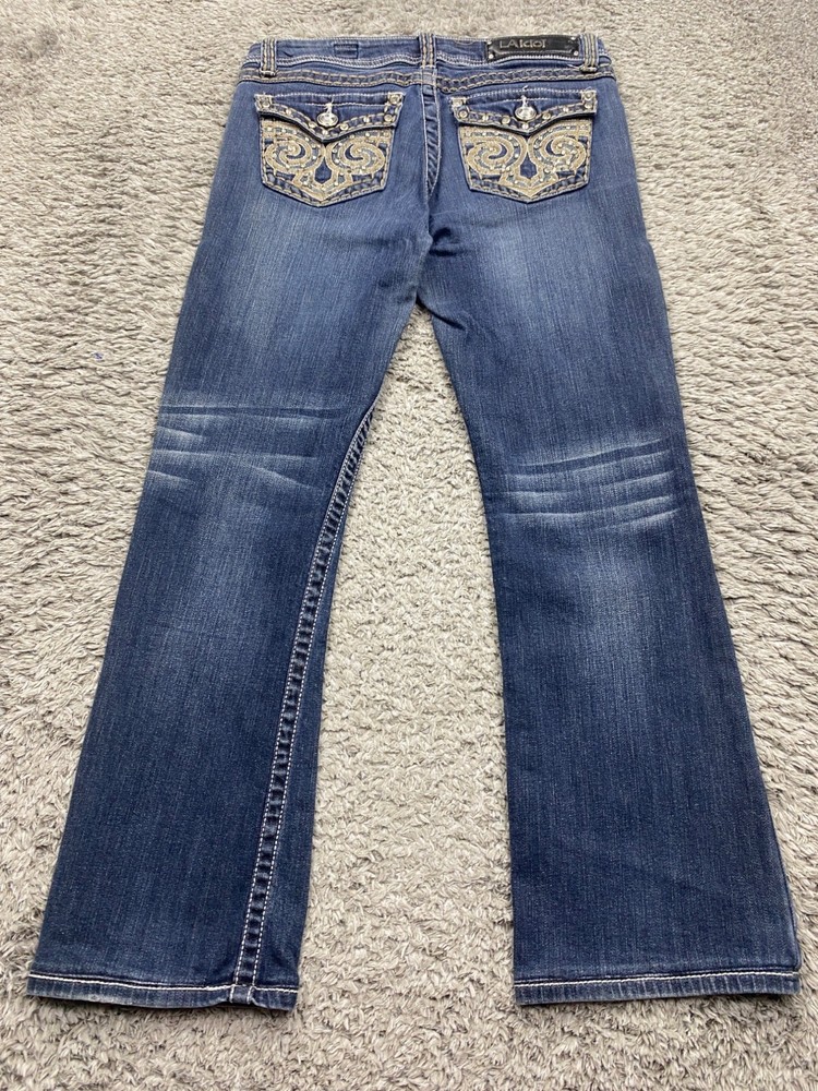 LA Idol Women's 31x34 Low Rise Bootcut Jeans with Embellished Flap Pocket