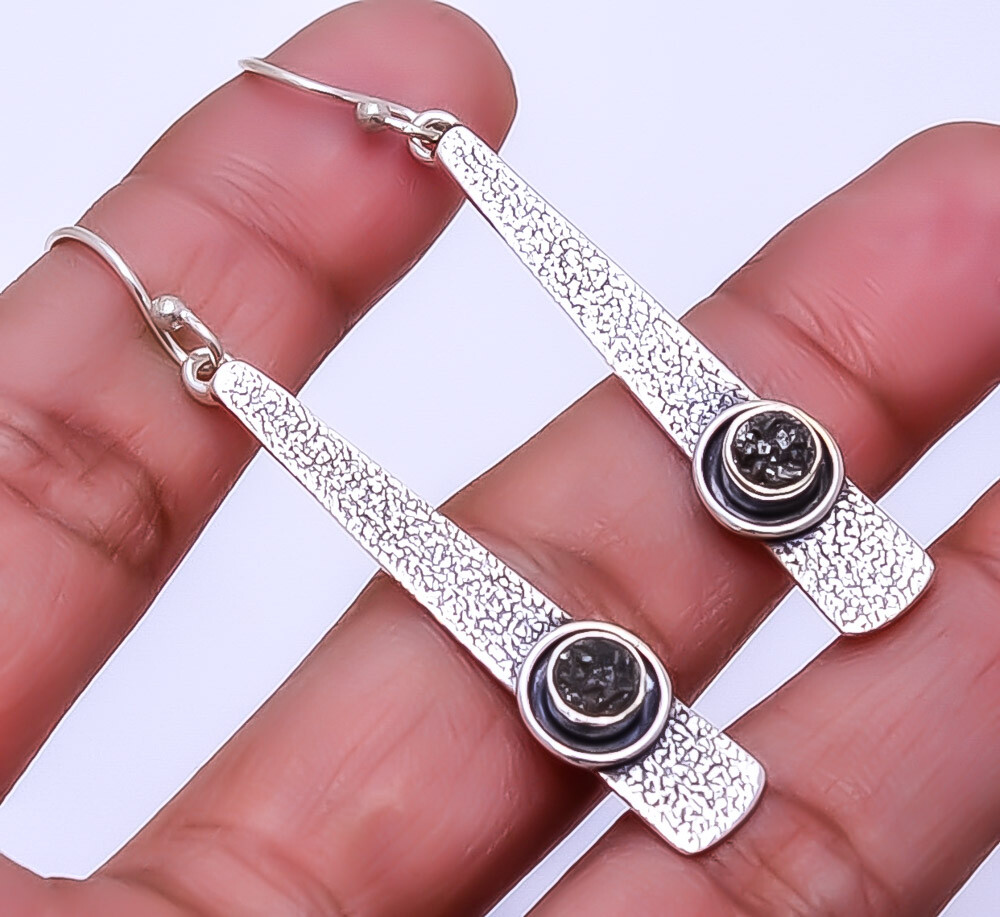 Black Titanium Agate Drusy Handmade 925 Sterling Silver Earring 2.34