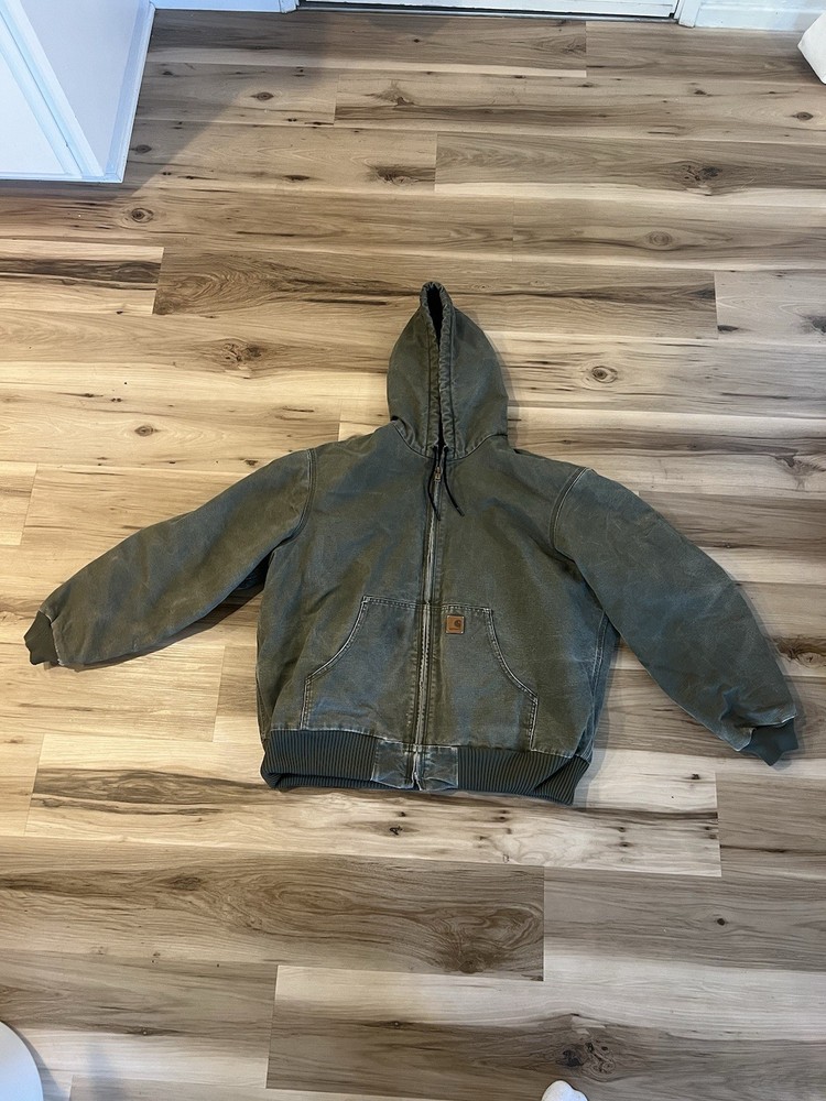 Carhartt J130 ARG Mens XL Army Green Insulated Hooded Work Jacket Distressed