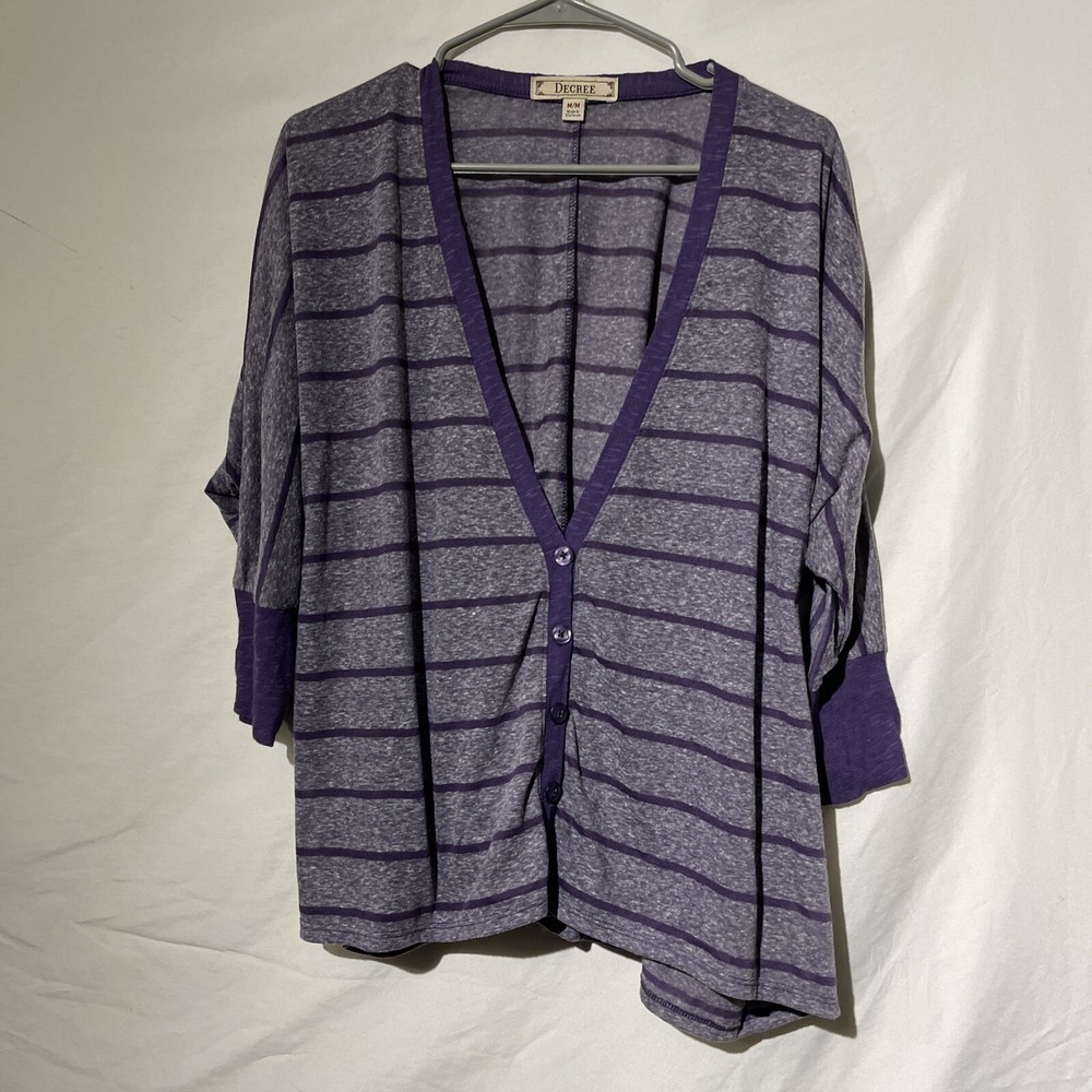 Decree Womens Size Medium Striped Long Sleeve Cardigan Over Shirt Top Purple