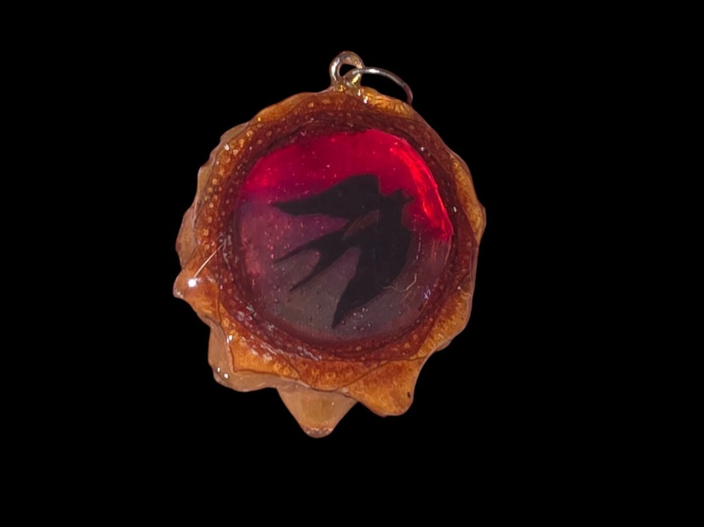 Knobcone( THIRD EYE)Colorful Neon Resin Filled W/ Bird DECAL Slice Pendant