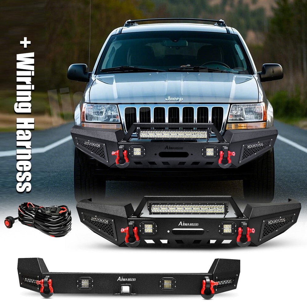 AAIWA For 1999-2004 Jeep Grand Cherokee WJ Front Rear Bumper W/Winch Plate&Light