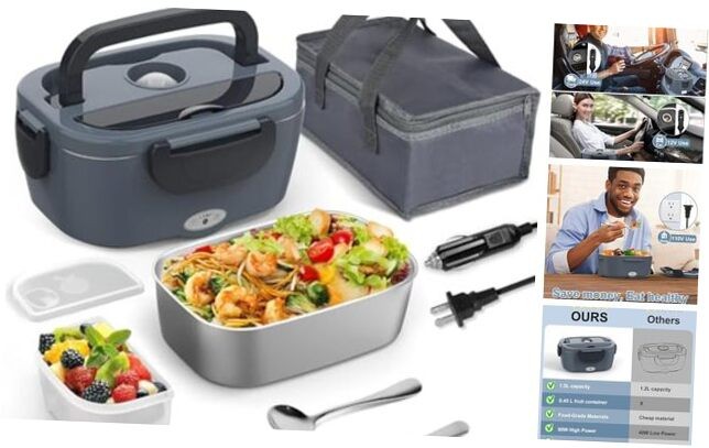 Electric Heated Lunch Box for Car, Truck, Home – 1.5L 60-80W Black & Grey