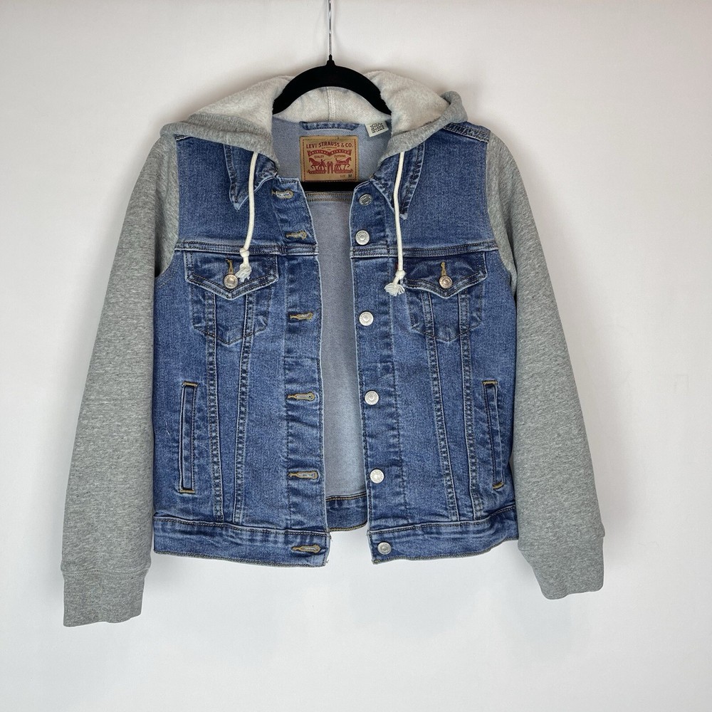 Levi's Hybrid Trucker Jacket Hoodie Women’s Size Med Blue Denim Gray Fleece