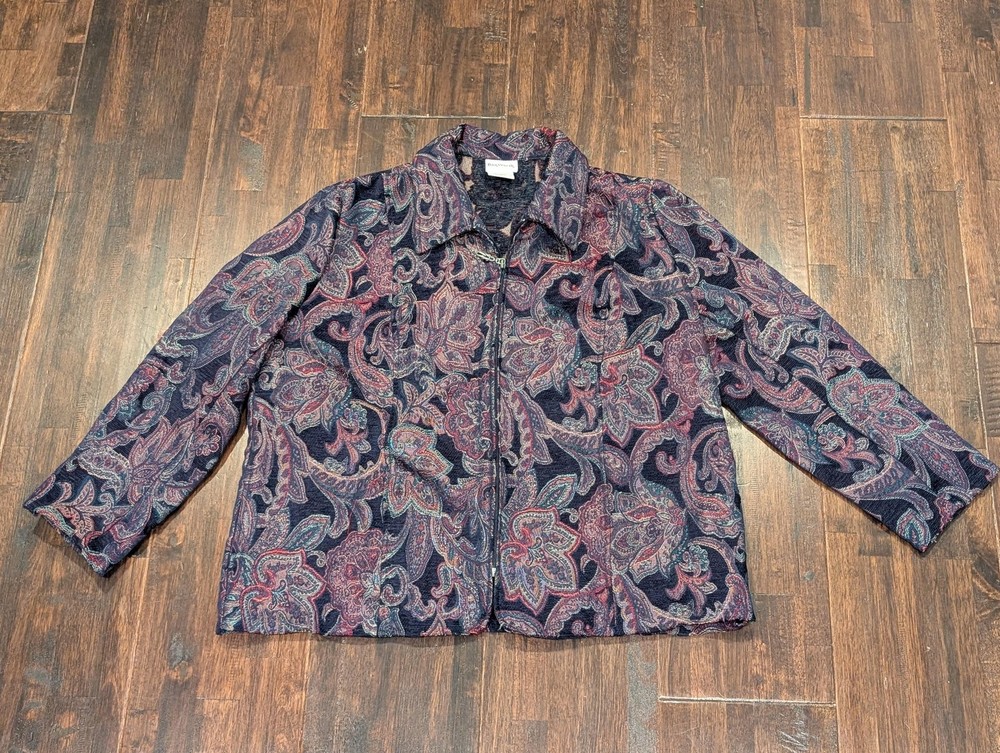 Vintage Paisley Tapestry Jacket Womens L Petite Navy Zip Textured Long Sleeve