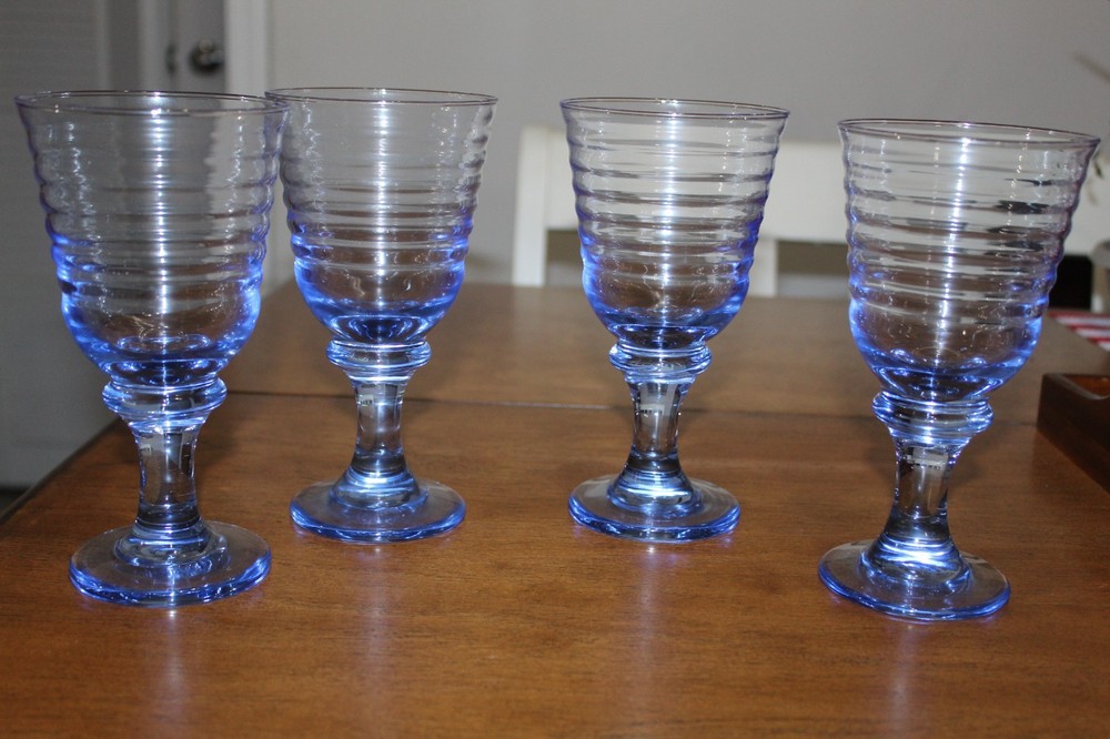 Vintage Libbey Sirrus Light Blue Wine Water Goblets Spool Stemware Set Of 4 L@@K