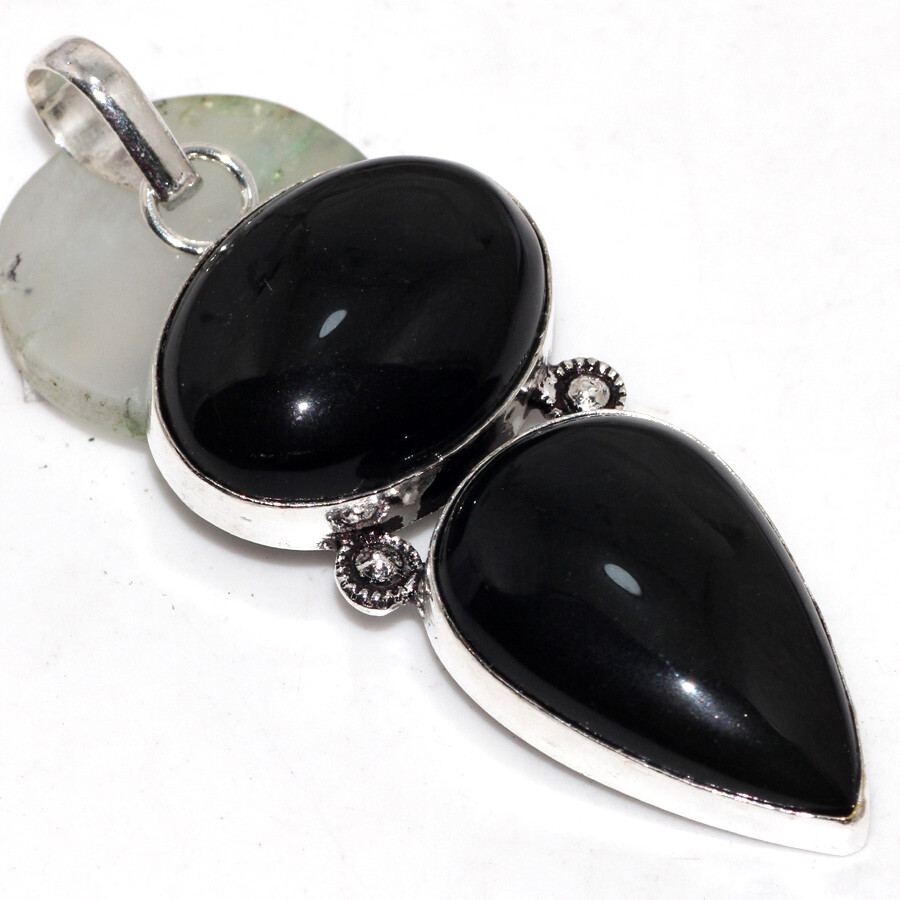 925 Silver Plated-Black Onyx Ethnic Long Gemstone Pendant Jewelry 2.5