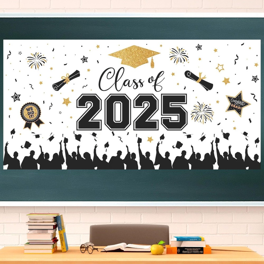 2025 Black Gold Graduation Backdrop Banner - Congrats Grad Decor