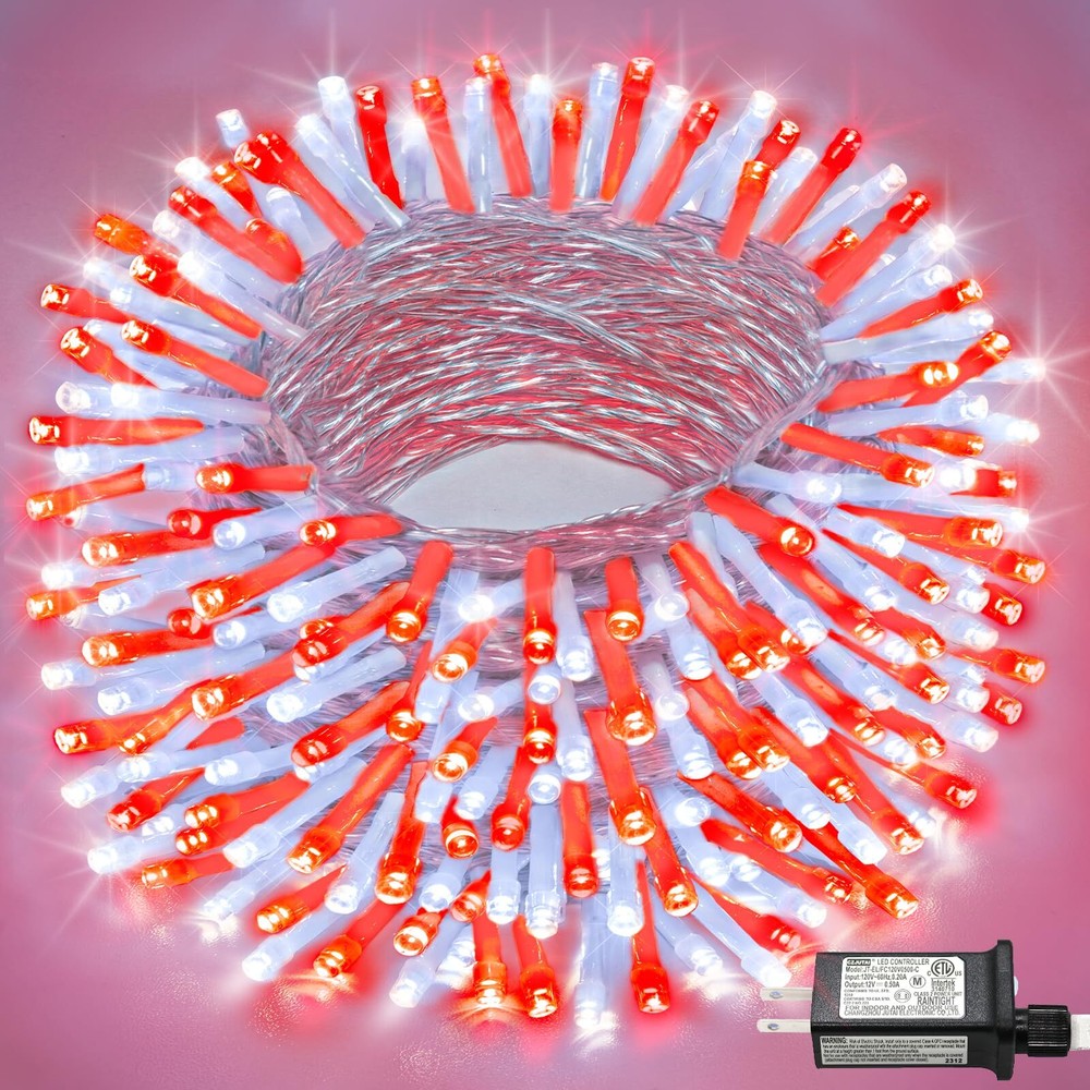 Red and White Christmas Lights Outdoor, 100ft 300 LED String Lights for Bedro...