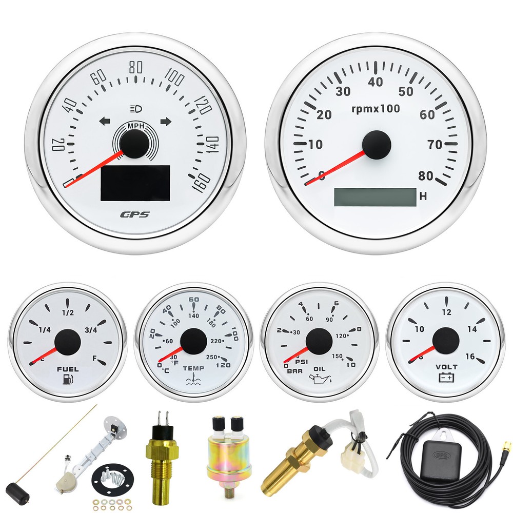 85mm 6 Gauge Set with GPS Speedometer 0-160MPH and Tachometer for Car Boat Truck Marine