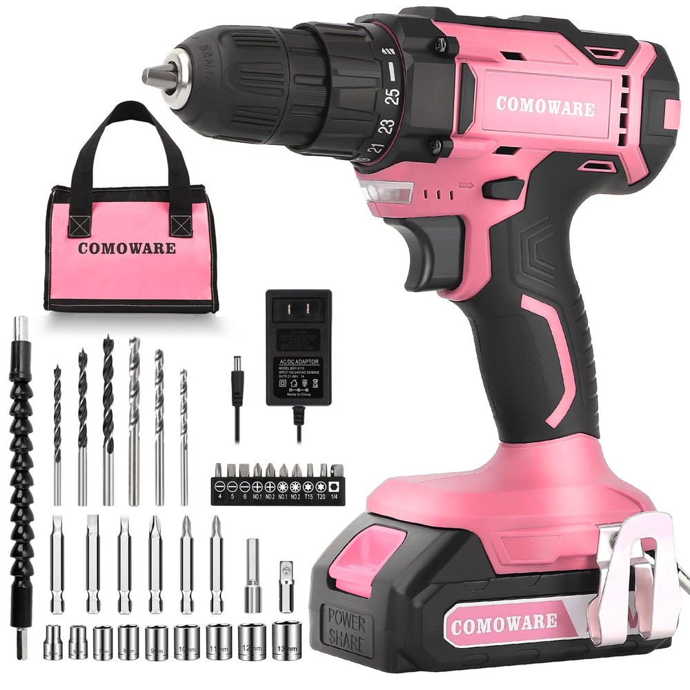 Cordless Drill Set, 20V Power Drill, Pink Drill Set for Women, 1 Battery & Ch...