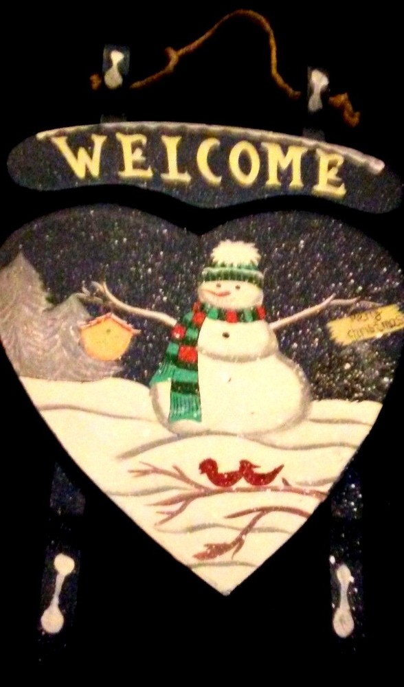Christmas Decor SALE Painted WOODEN SNOWMAN HEART SLEIGH Blue 12 x 8 inch-image