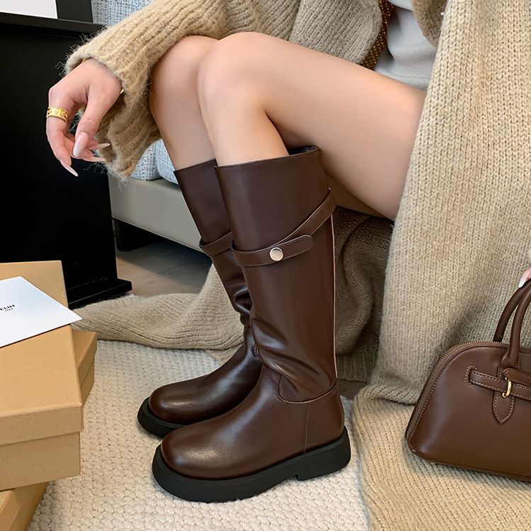 Western Cowboy Knight Boots Winter Womens Round Toe Leather Buckle Riding Boots