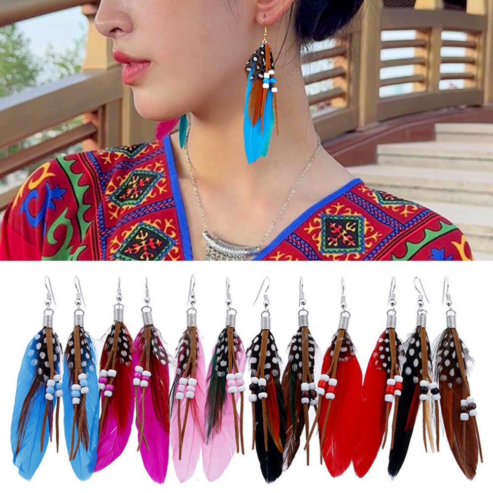 Vintage Earrings Retro Bohemia Feather Dream Catcher Long Earrings Drop Wom