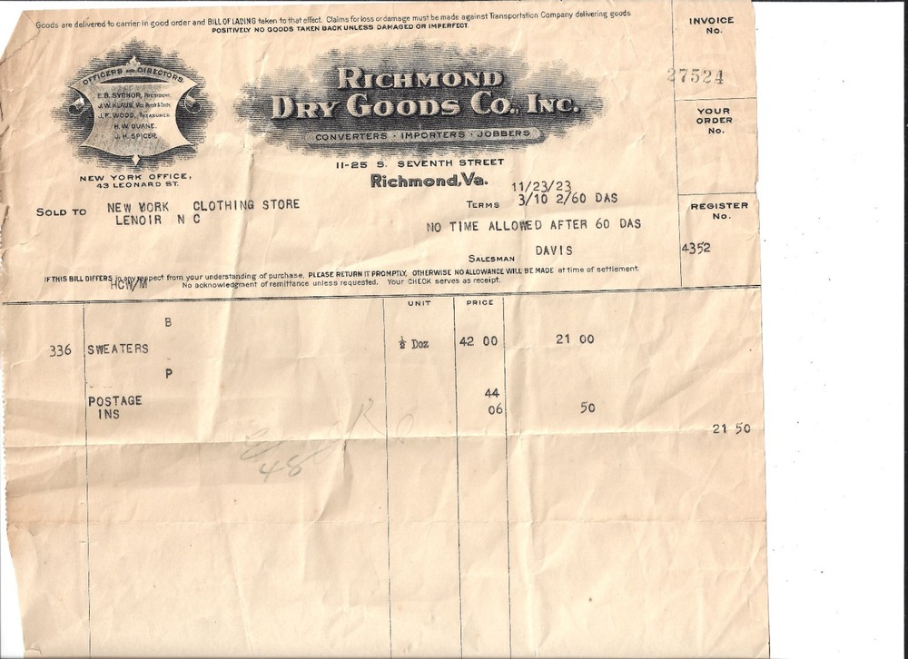 Richmond Dry Goods Co. Virginia 11/23/23 Invoice for sweaters to NYC store