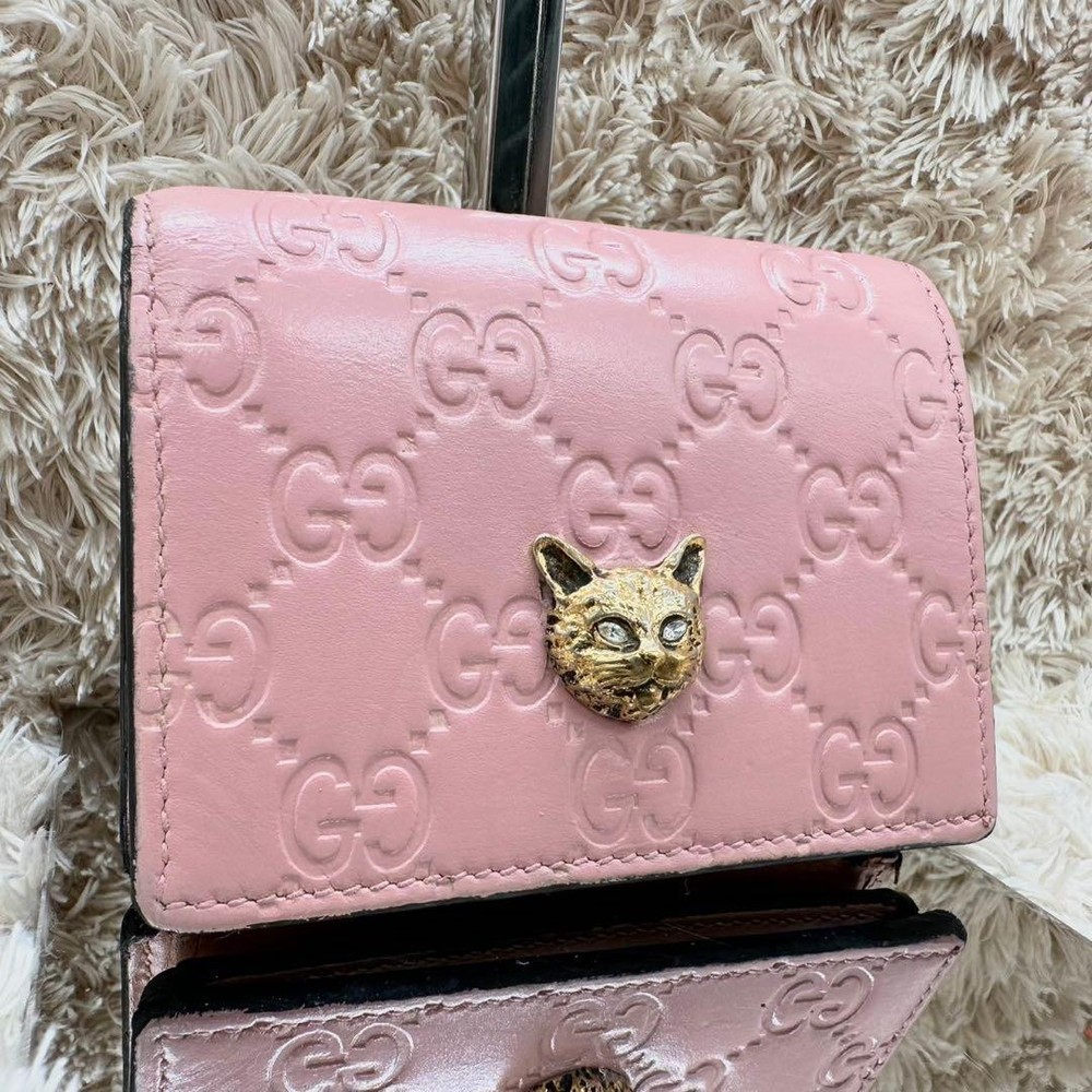 Gucci Pink Cat GG Leather Bifold Wallet for Women
