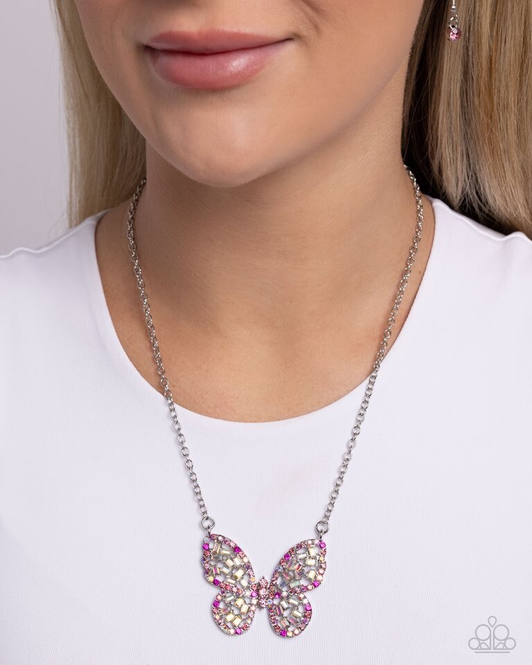 New Paparazzi Jewelry-Aerial Academy Necklace/Earring Set-Pink-Butterfly