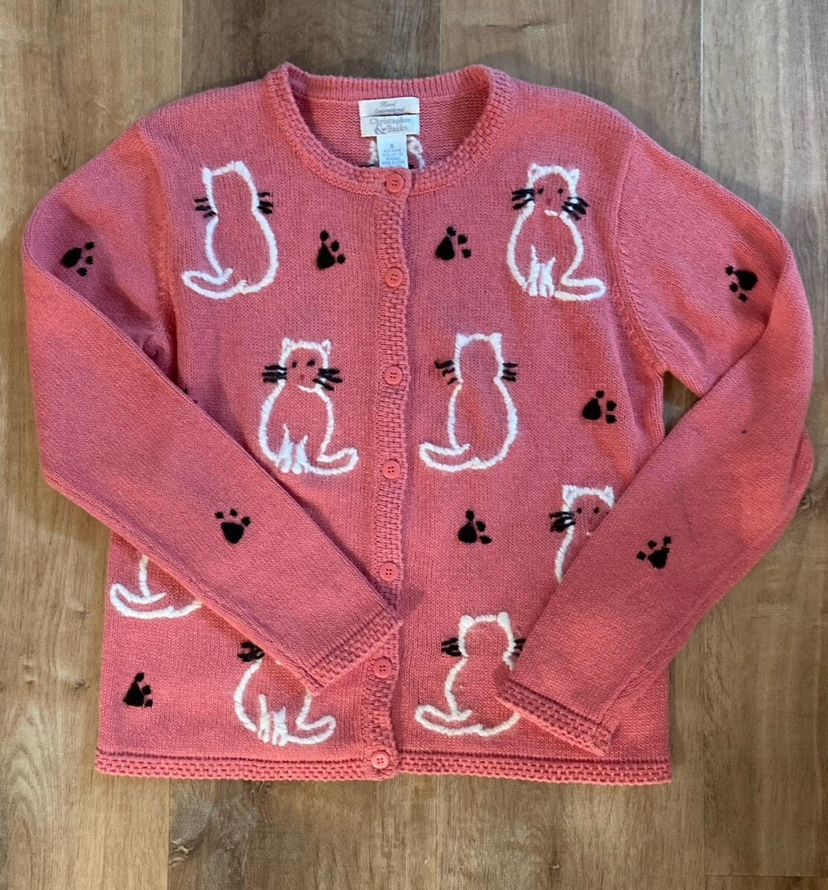 Christopher Banks Cat Sweater Womens Small Button Cardigan Hand Embroidered VTG