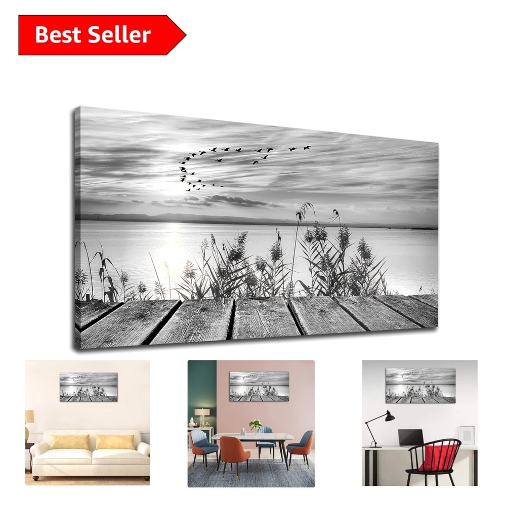 Elegant Black and White Sunset Lake Canvas Art – Timeless Home Wall Decor