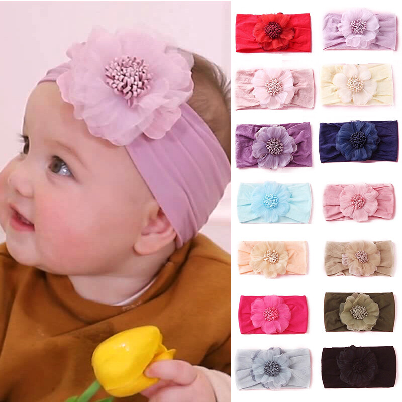 Big Nylon Tulle Flower Headband Turban for Infant Girls Elastic Hair Wrap