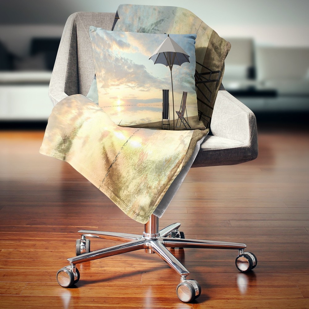 Designart Blue Beach Deck Chairs and Umbrella Canvas Wall Art Modern 71x59 Inches