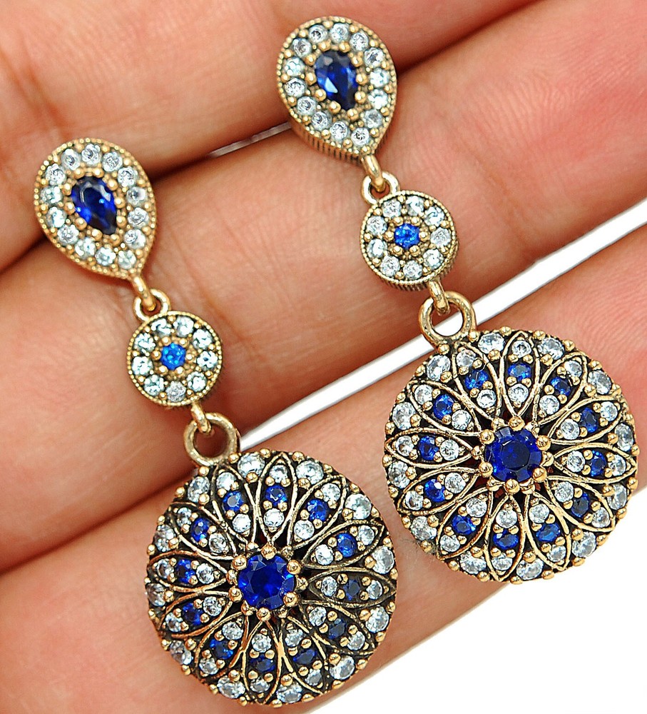 Ottoman Empire Style 10CT Treated Sapphire Sterling Silver Earrings TE1468  