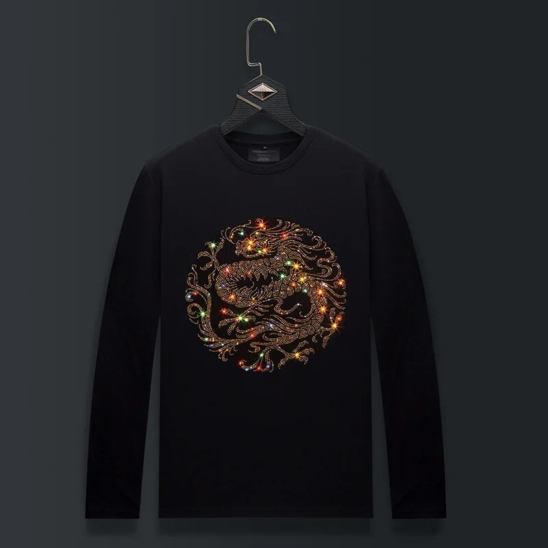 Fashion Dragon Trend Rhinestone Long Sleeve Luxury  Men T-Shirt Plus Size 6XL