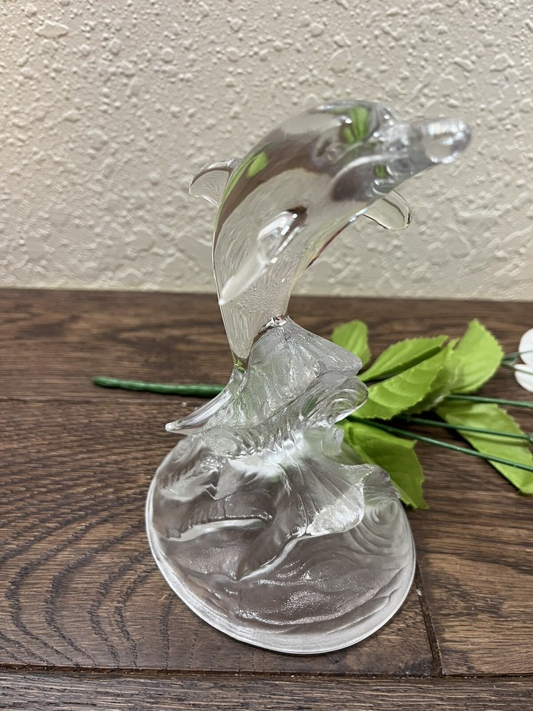 Art Glass Dolphin Figurine, Clear Glass, 6.5