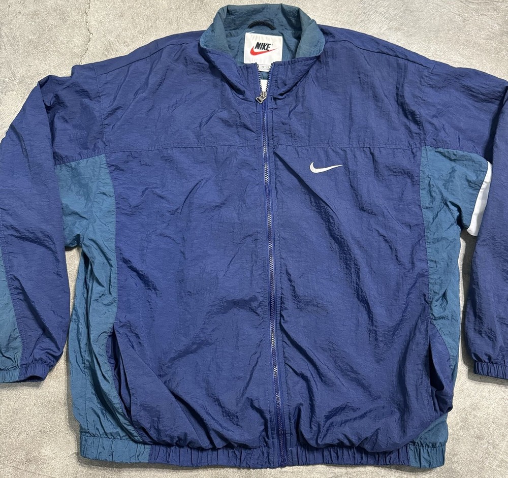 Vintage 1990's NIKE White Tag Blue BIG Check Full Zip Striped Windbreaker Sz XL