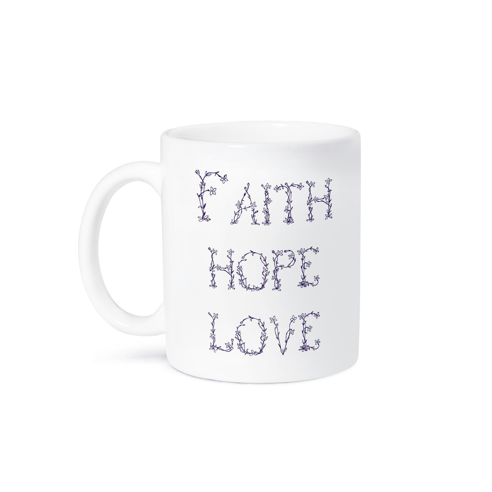 3dRose, Purple and White Floral Letters Faith, Hope and Love, Mug