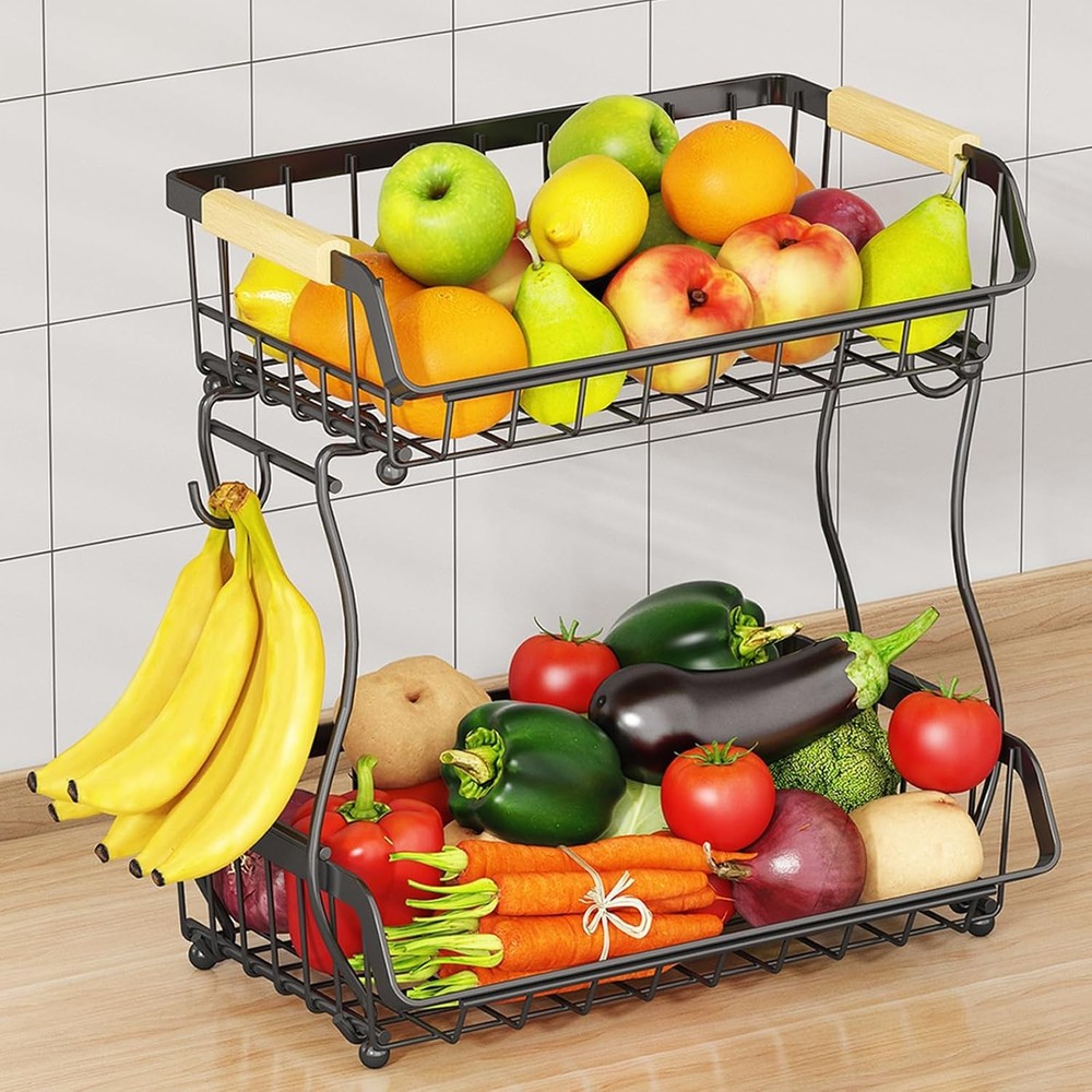 2 Tier Fruit Basket with 2 Banana Hangers, Detachable Countertop Fruit Bowls for