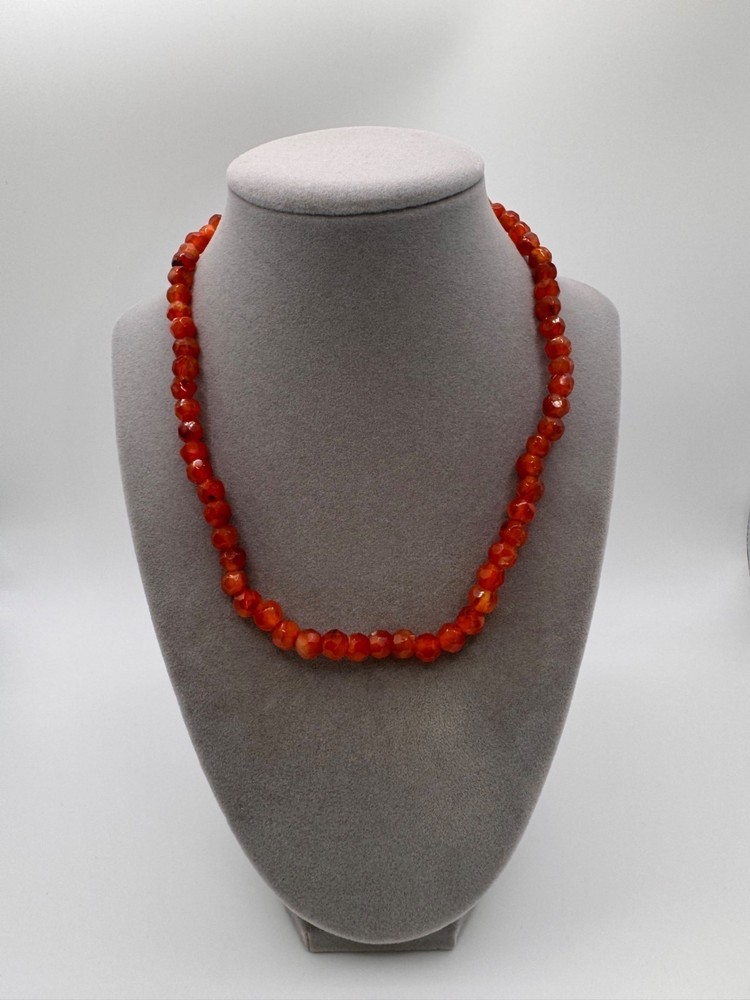 Vintage Carnelian Glass Beaded Necklace Faceted Orange Strand Barrel Clasp