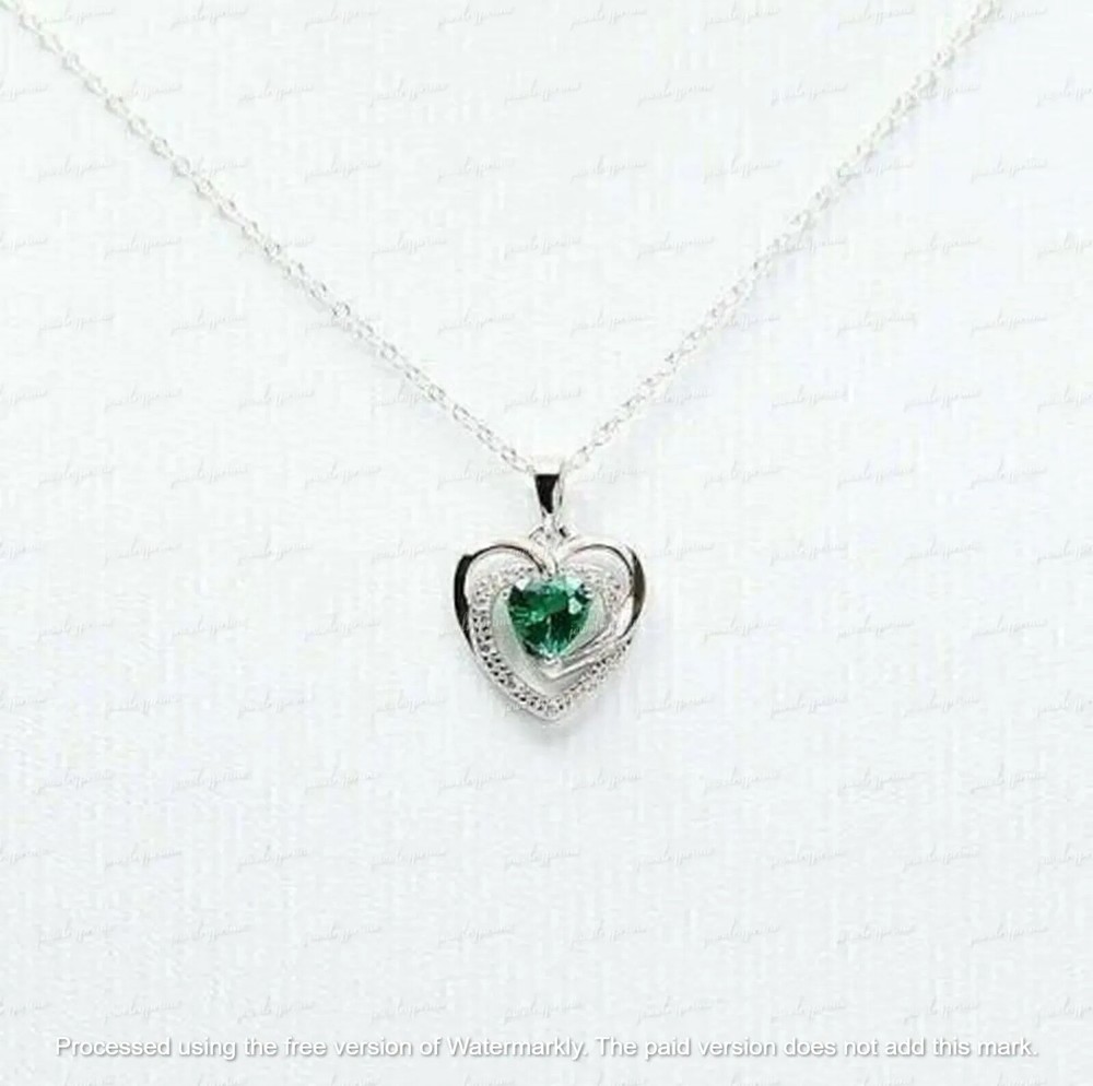 2Ct Heart Green Emerald & Simulated Diamond 14K White Gold Pendant
