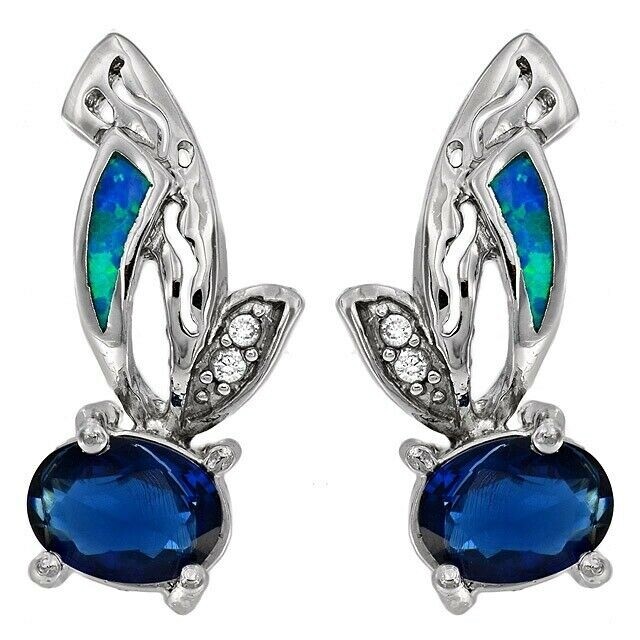 2CT Treated Blue Sapphire & Australian Opal Inlay 925 Sterling Silver Earrings,