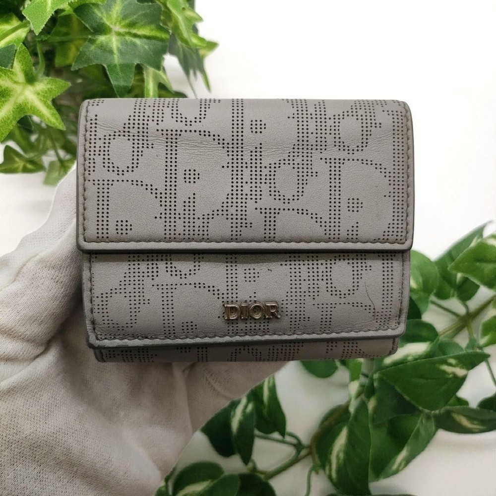 Dior Tri-Fold Wallet Grey Oblique Galaxy Compact Leather Used