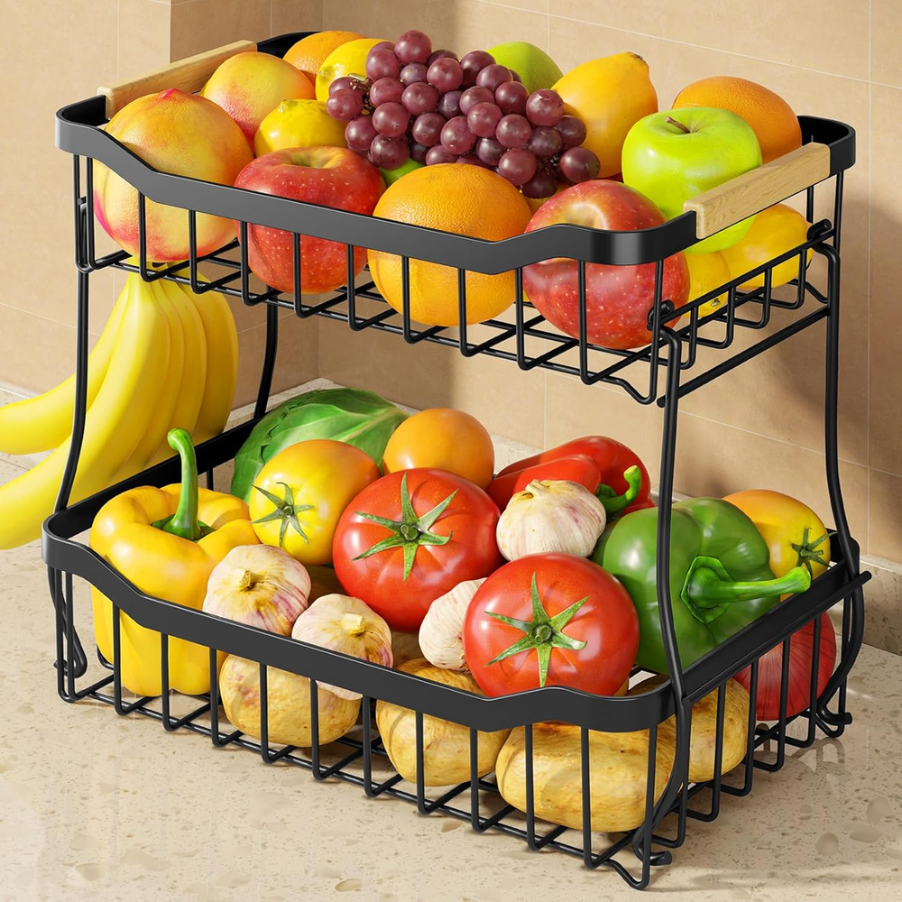Fruit Basket for Kitchen Counter - 2 Tier Detachable Fruit Vegetable Basket with