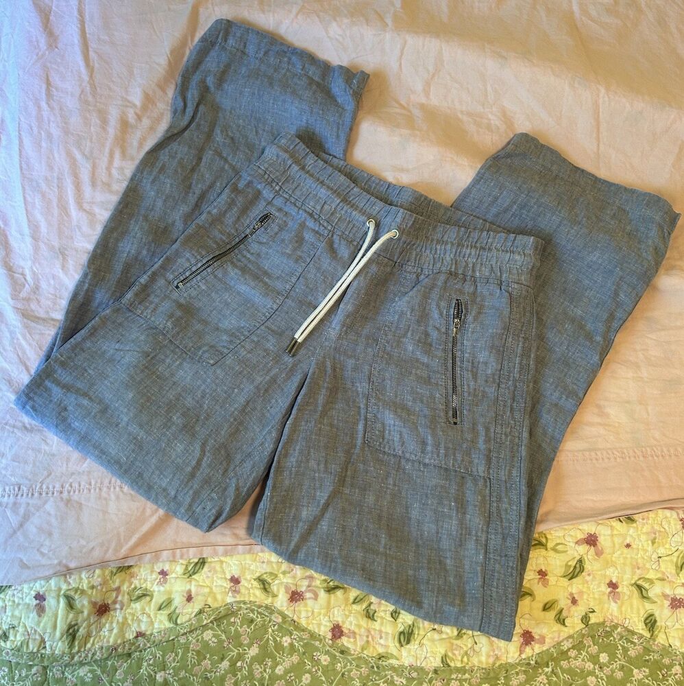 Athleta Pant Women sz 2 Blue Cabo Linen Wide Leg Drawstring Pockets Beach