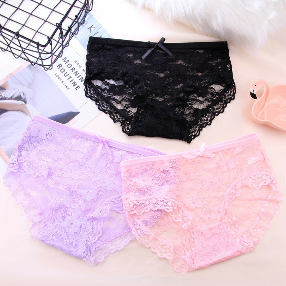Sexy Ladies Lace Thongs Cotton Bow Clear Knickers Women Underwear Panties Briefs