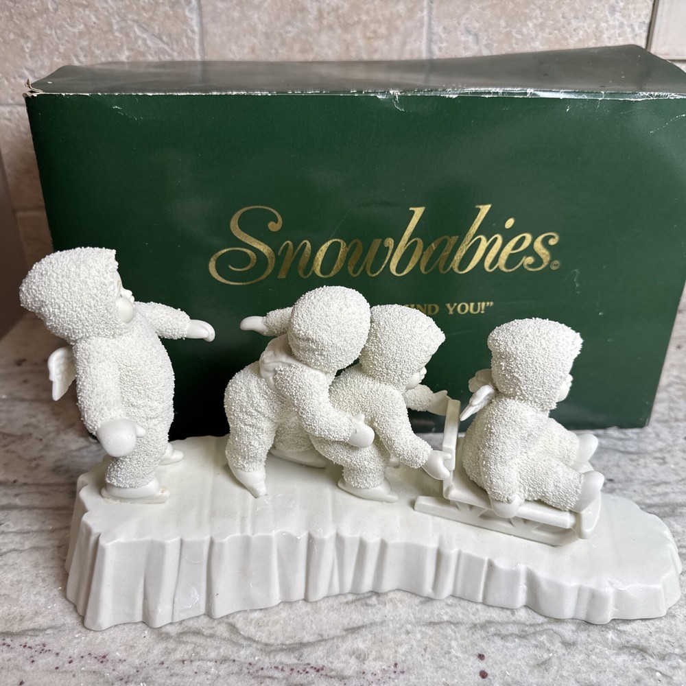 Dept 56 Snow Babies Miniature Figurine I'm Right Behind You Sledding in Mint Condition