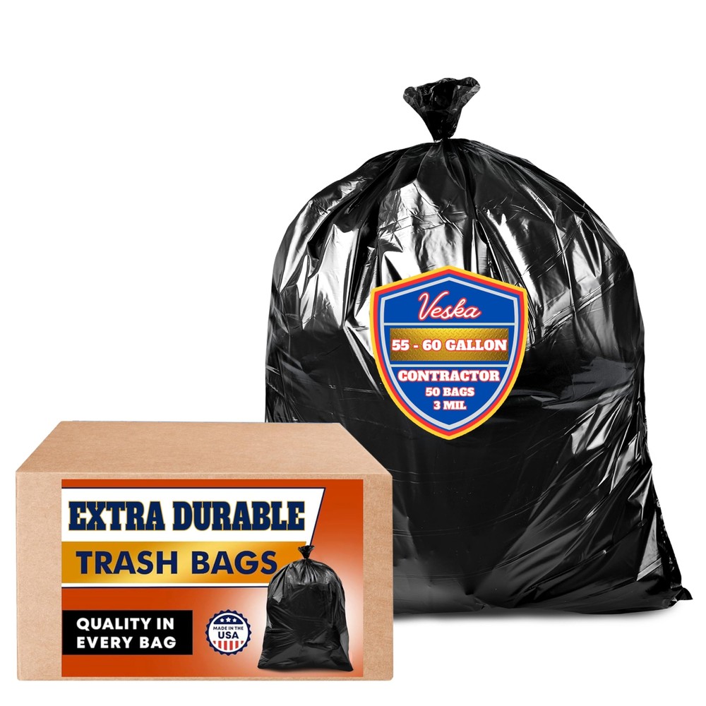 55-60 Gallon Heavy Duty 3 Mil Contractor Trash Bags (MegaValue 50 Bags w/Ties...