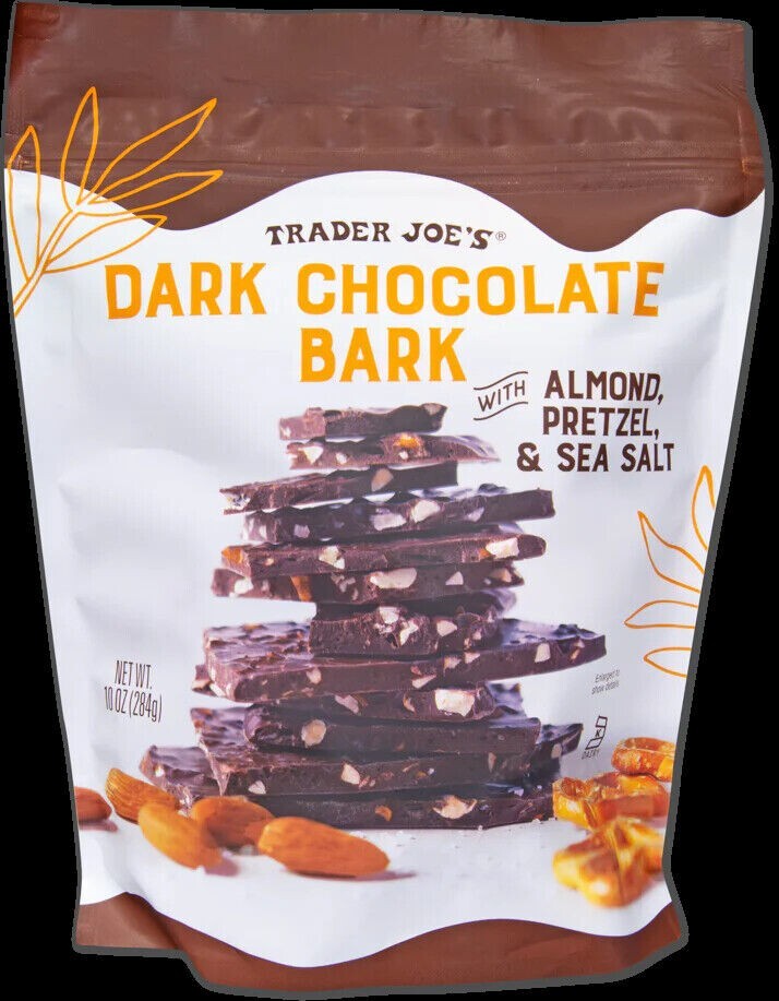 2 bags Trader Joe's Dark Chocolate Bark with ALMOND PRETZEL & SEA SALT 10 OZ